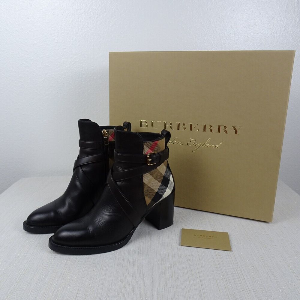 BURBERRY Women's Booties Vaughan Vintage Check & Leather Ankle Boots Heels 37 - Picture 2 of 14